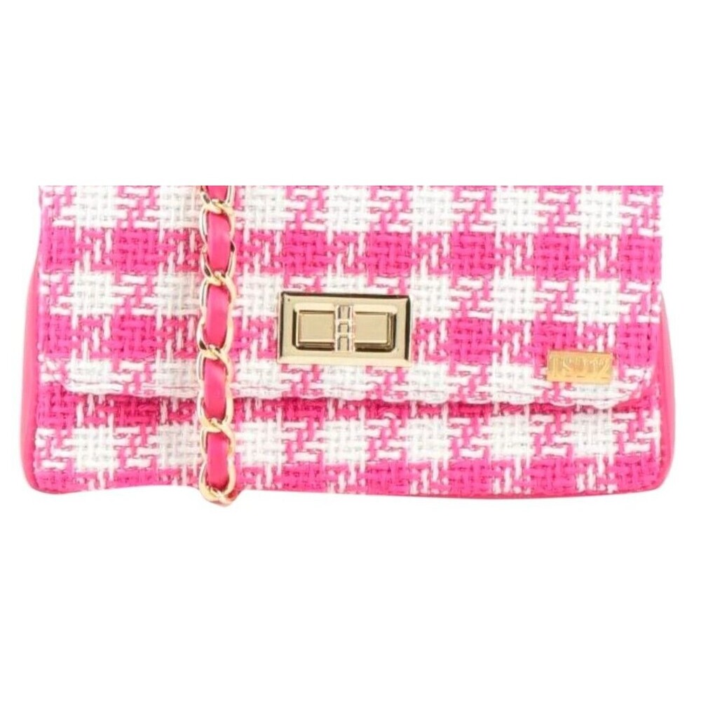 DESIGNER TSD12 PINK/WHITE CHECK FABRIC PRINT CHAIN DETAIL SMALL CROSSBODY BAG - Picture 9 of 13